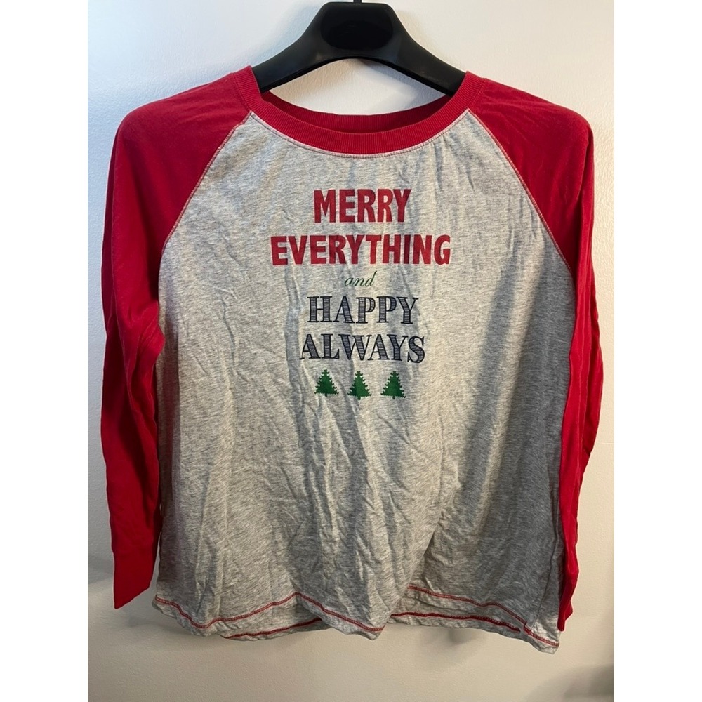 Merry Everything Happy Always Christmas Raglan Baseball Tee Gray‎ Red XL 16-18